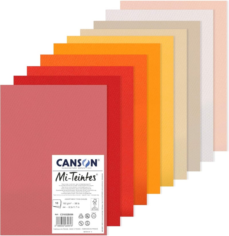 CANSON عبوة ورق رسم ملون Mi-Teintes 160gsm A4، مزدوجة الجوانب: خلية نحل وحبيبات دقيقة، 10 أوراق بألوان دافئة، للفنانين المحترفين والرسامين - Image 1